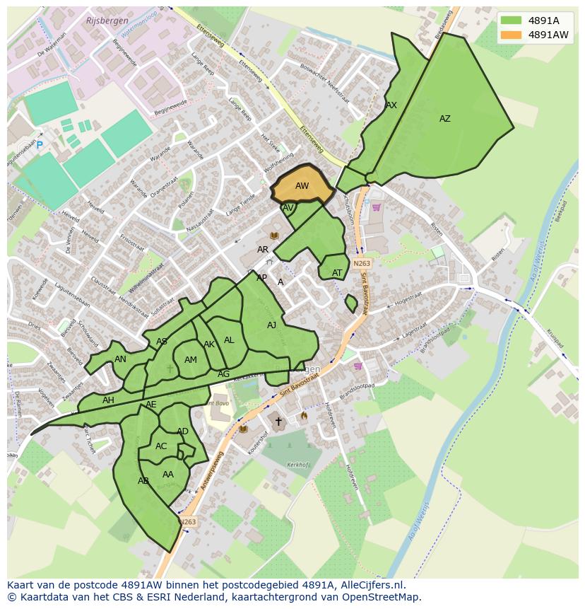 Afbeelding van het postcodegebied 4891 AW op de kaart.