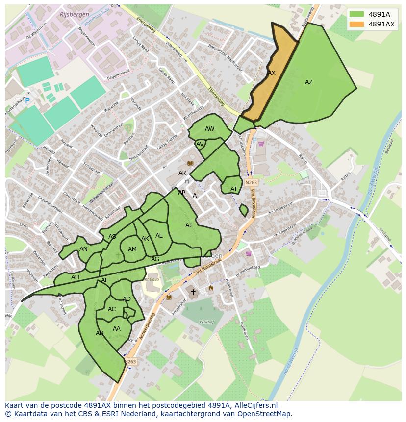 Afbeelding van het postcodegebied 4891 AX op de kaart.