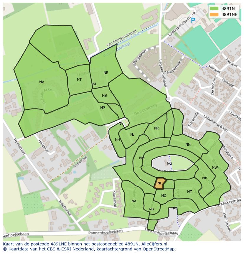 Afbeelding van het postcodegebied 4891 NE op de kaart.