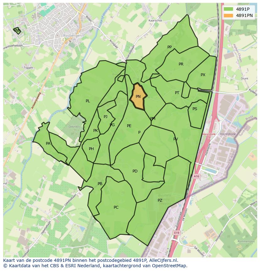 Afbeelding van het postcodegebied 4891 PN op de kaart.