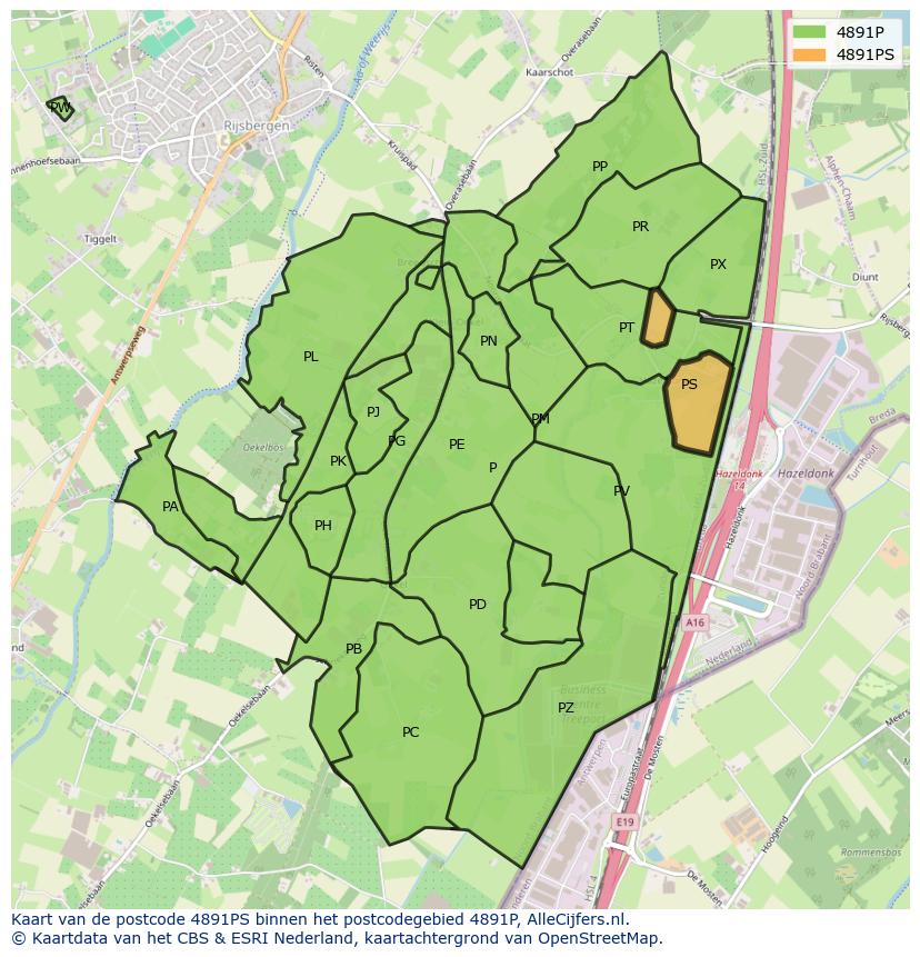 Afbeelding van het postcodegebied 4891 PS op de kaart.