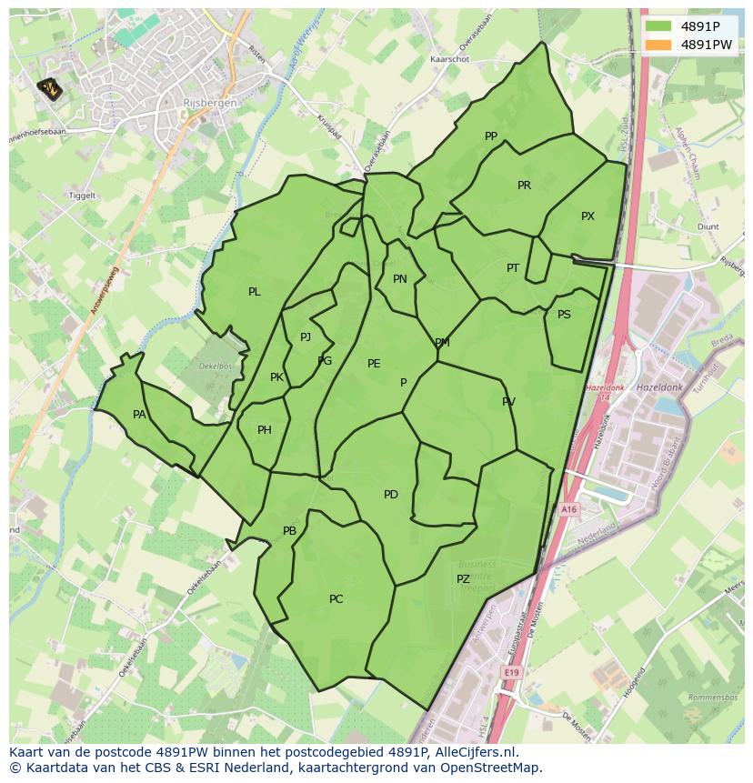 Afbeelding van het postcodegebied 4891 PW op de kaart.