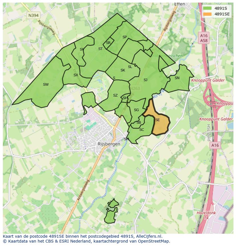 Afbeelding van het postcodegebied 4891 SE op de kaart.