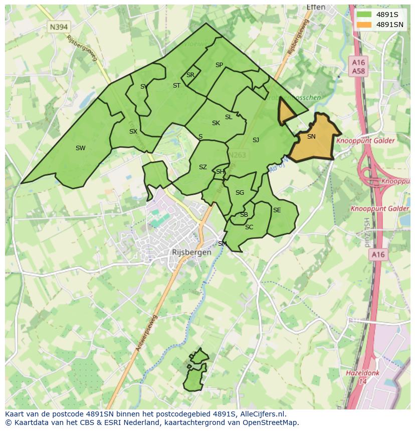 Afbeelding van het postcodegebied 4891 SN op de kaart.