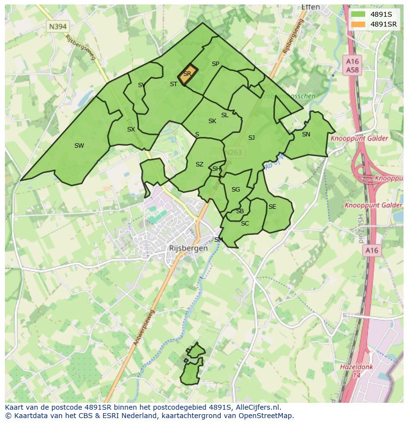 Afbeelding van het postcodegebied 4891 SR op de kaart.