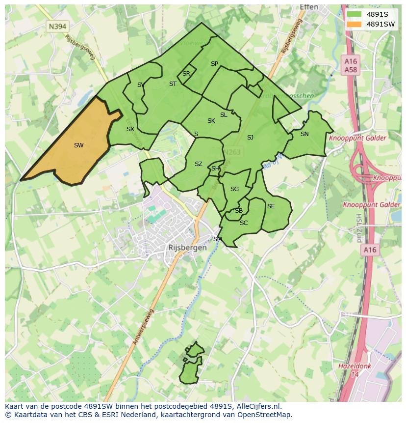 Afbeelding van het postcodegebied 4891 SW op de kaart.