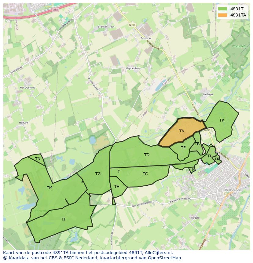 Afbeelding van het postcodegebied 4891 TA op de kaart.
