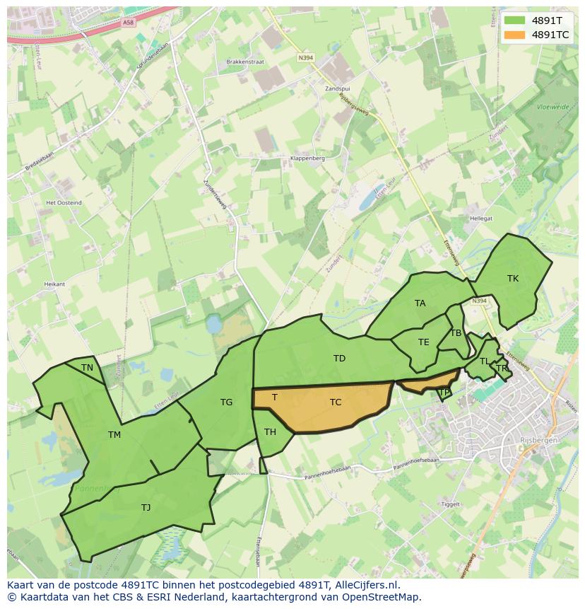 Afbeelding van het postcodegebied 4891 TC op de kaart.