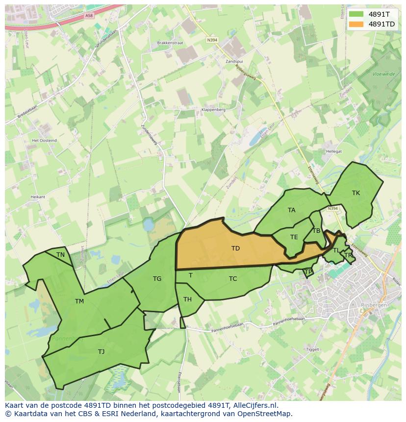 Afbeelding van het postcodegebied 4891 TD op de kaart.