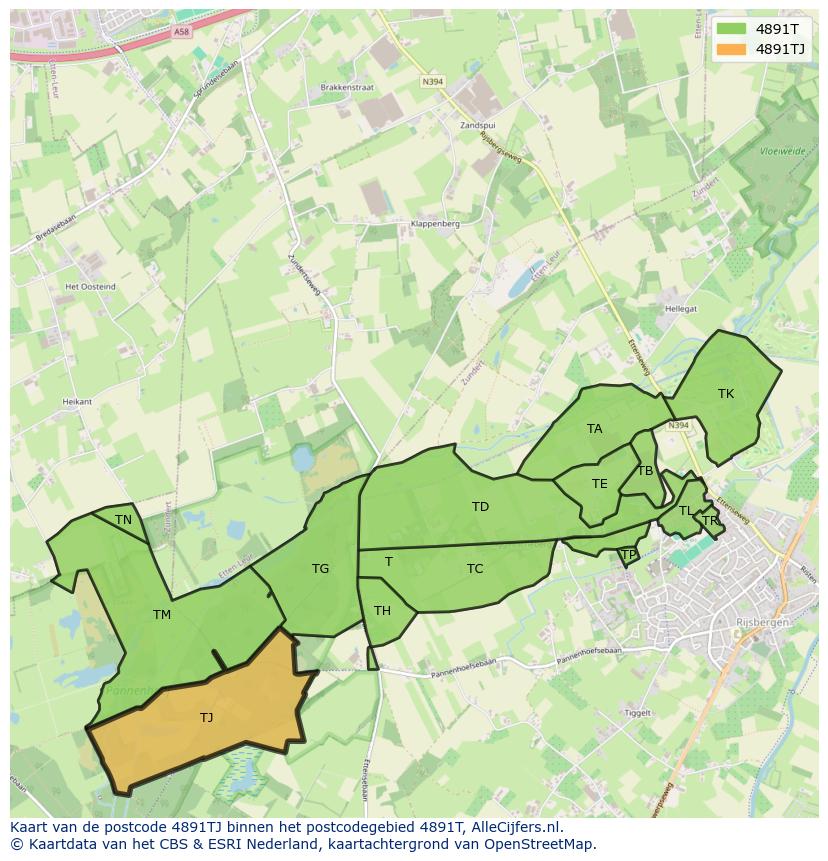 Afbeelding van het postcodegebied 4891 TJ op de kaart.