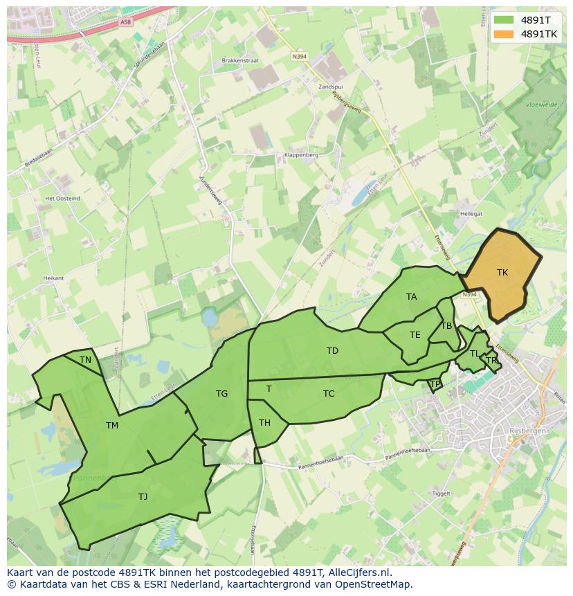 Afbeelding van het postcodegebied 4891 TK op de kaart.