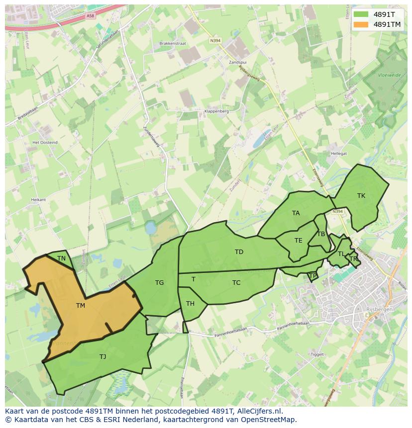 Afbeelding van het postcodegebied 4891 TM op de kaart.