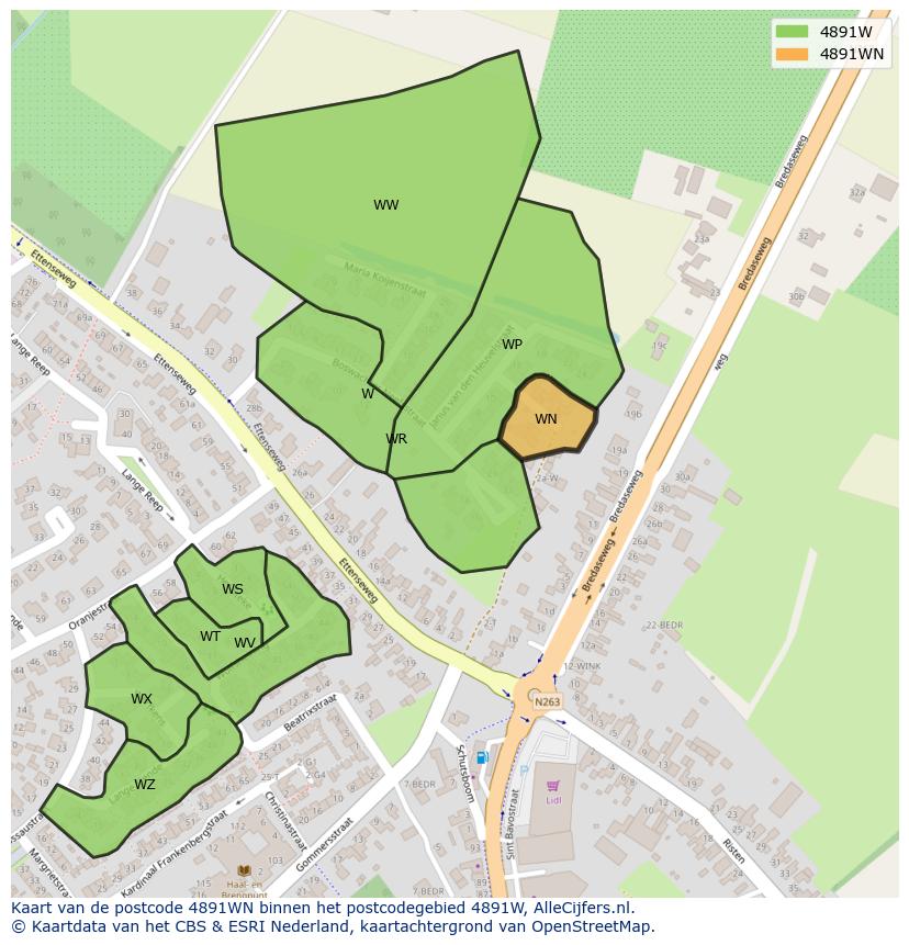 Afbeelding van het postcodegebied 4891 WN op de kaart.