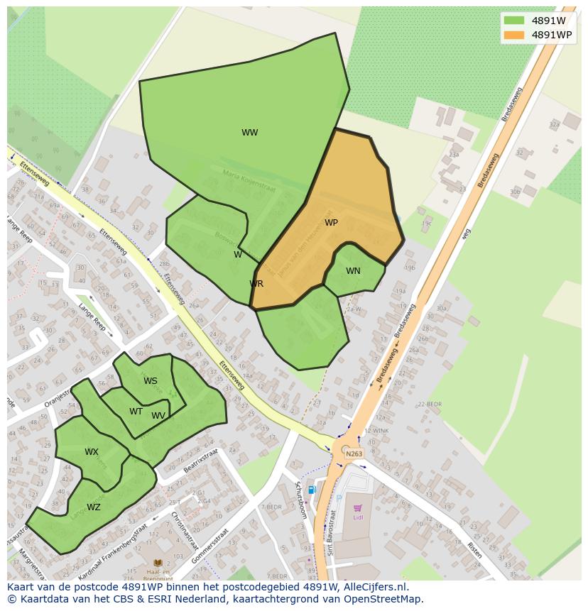 Afbeelding van het postcodegebied 4891 WP op de kaart.
