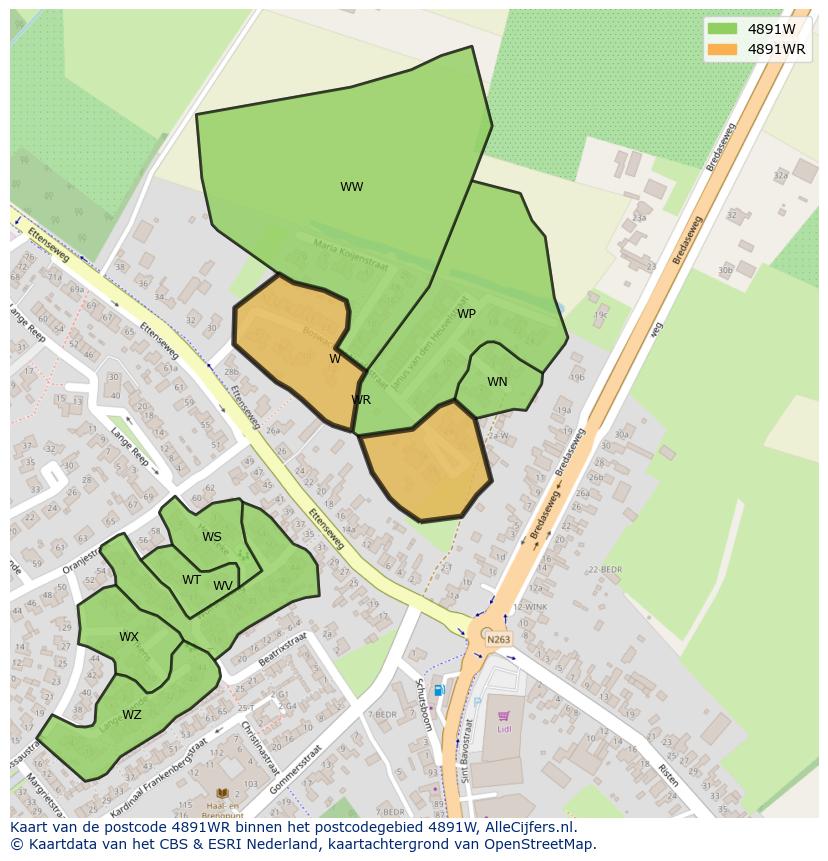 Afbeelding van het postcodegebied 4891 WR op de kaart.