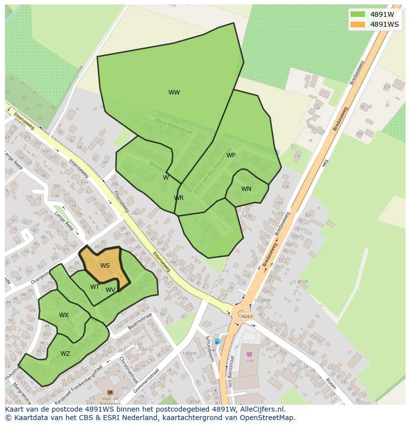 Afbeelding van het postcodegebied 4891 WS op de kaart.