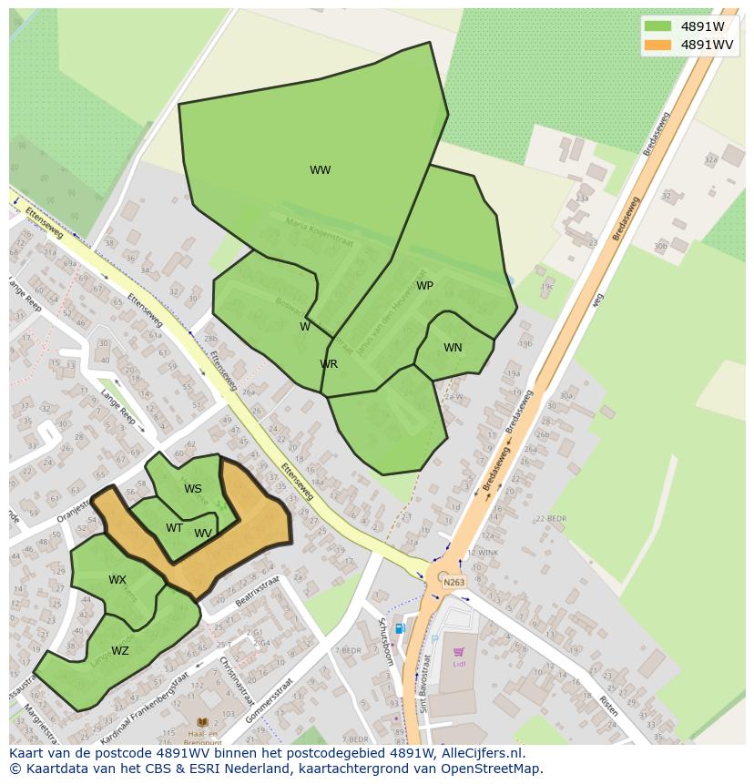 Afbeelding van het postcodegebied 4891 WV op de kaart.