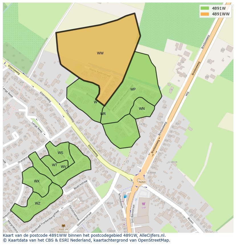 Afbeelding van het postcodegebied 4891 WW op de kaart.