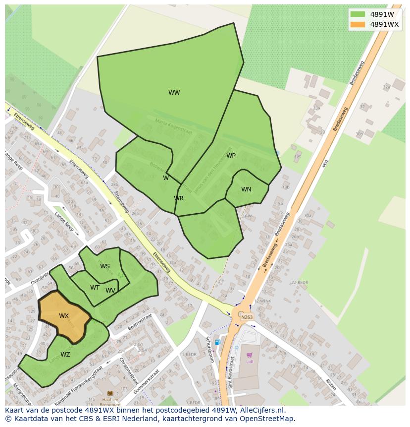 Afbeelding van het postcodegebied 4891 WX op de kaart.