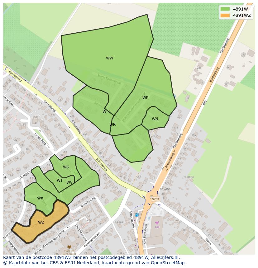 Afbeelding van het postcodegebied 4891 WZ op de kaart.