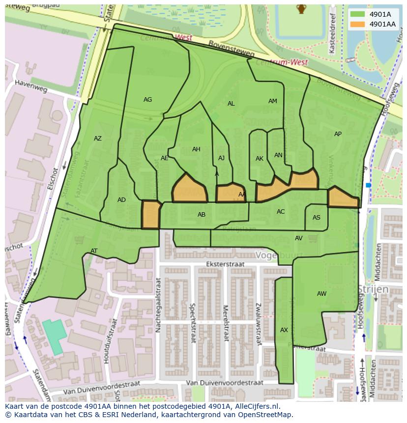 Afbeelding van het postcodegebied 4901 AA op de kaart.