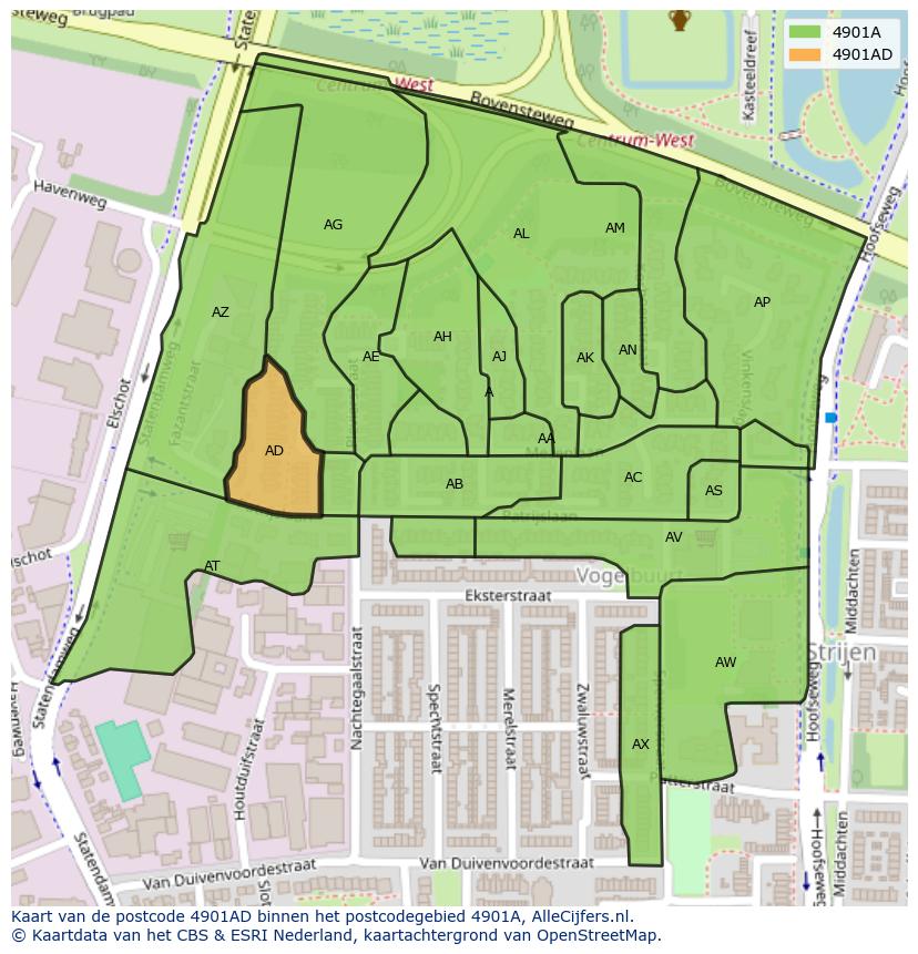 Afbeelding van het postcodegebied 4901 AD op de kaart.