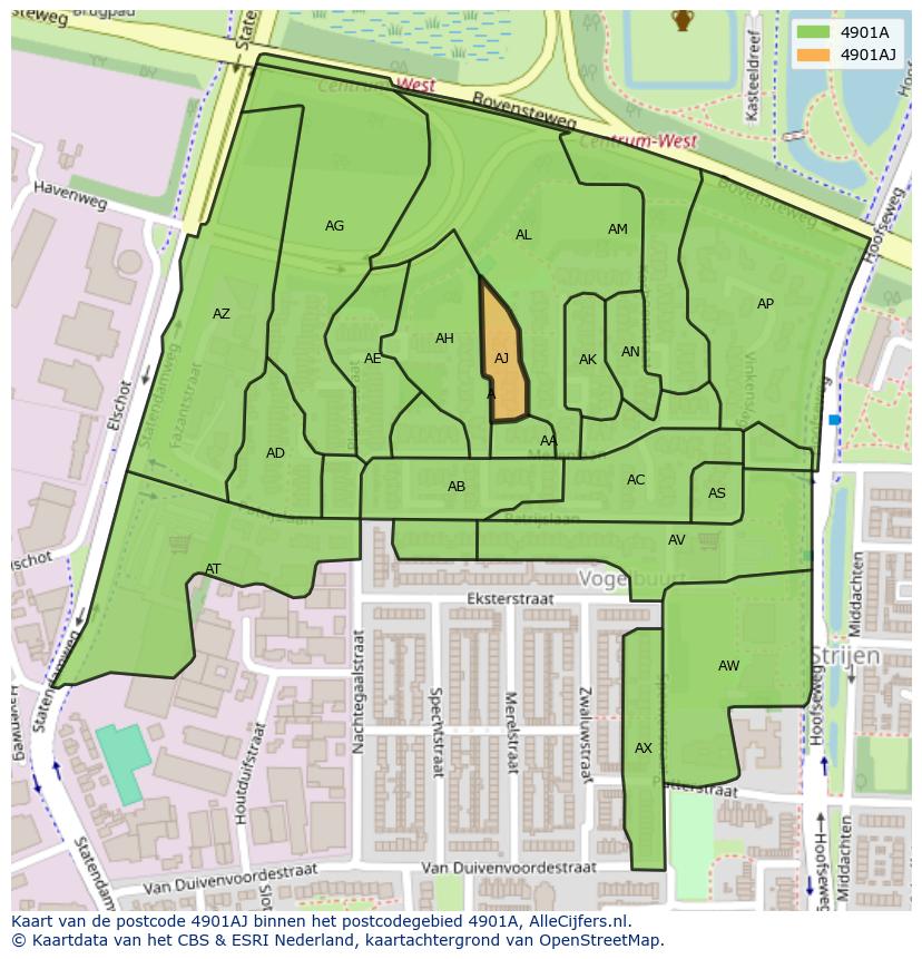Afbeelding van het postcodegebied 4901 AJ op de kaart.
