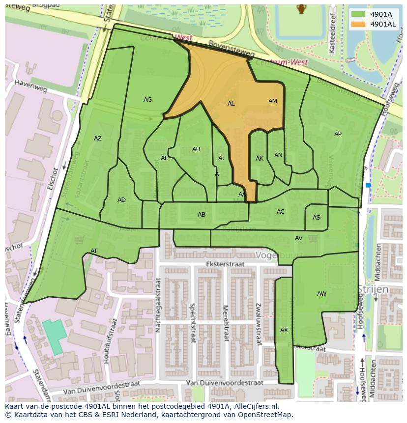 Afbeelding van het postcodegebied 4901 AL op de kaart.