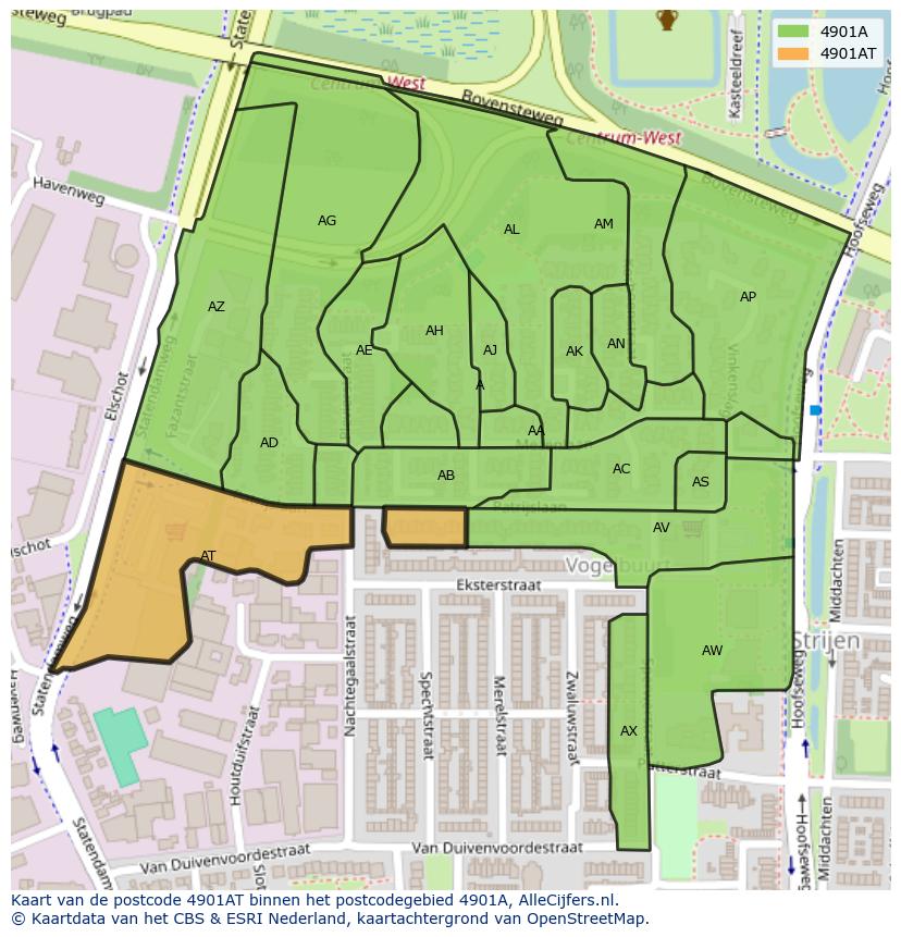 Afbeelding van het postcodegebied 4901 AT op de kaart.