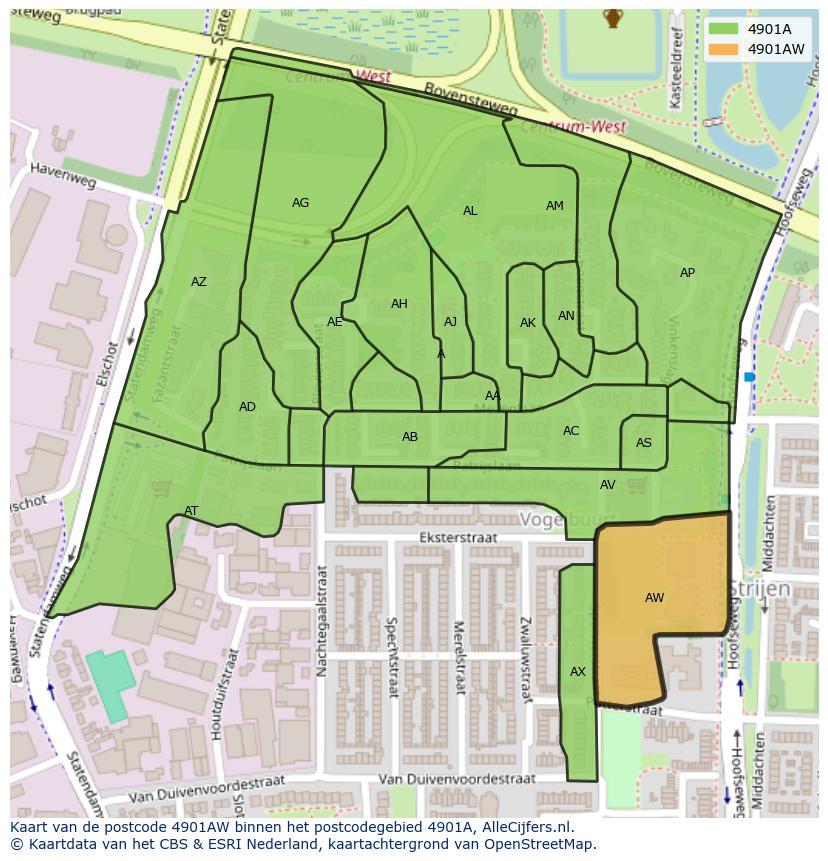 Afbeelding van het postcodegebied 4901 AW op de kaart.
