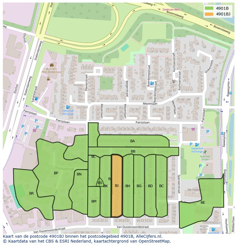 Afbeelding van het postcodegebied 4901 BJ op de kaart.