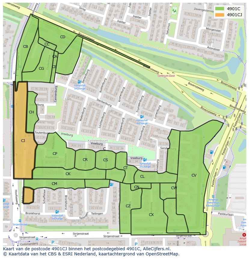 Afbeelding van het postcodegebied 4901 CJ op de kaart.