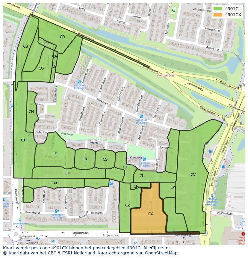 Afbeelding van het postcodegebied 4901 CX op de kaart.