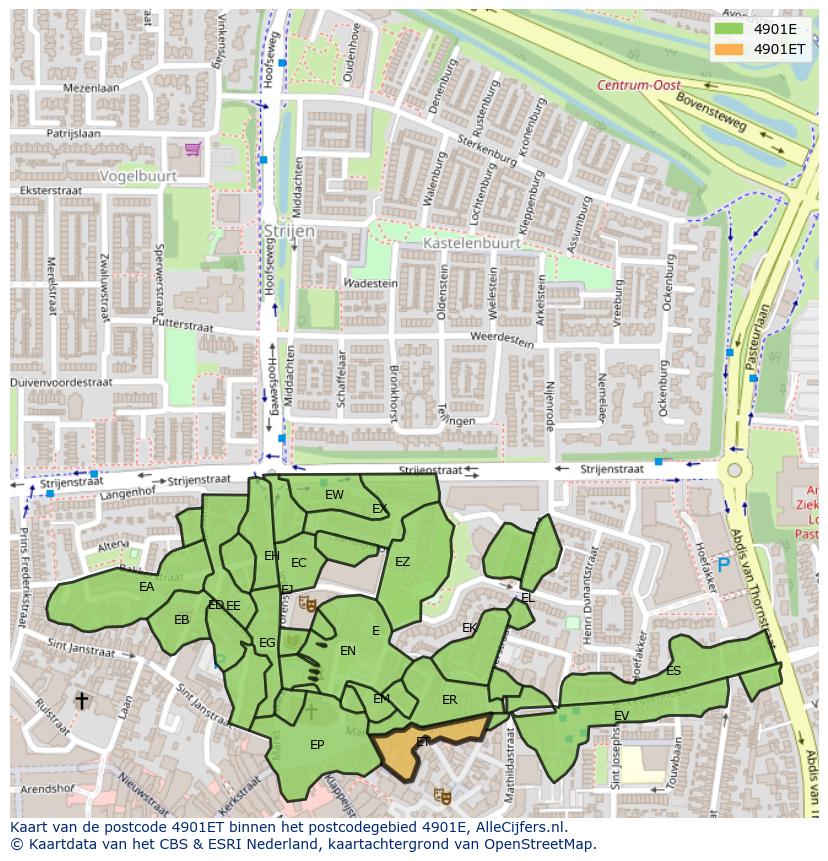 Afbeelding van het postcodegebied 4901 ET op de kaart.