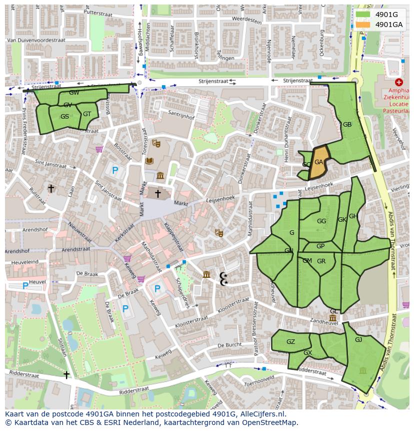 Afbeelding van het postcodegebied 4901 GA op de kaart.