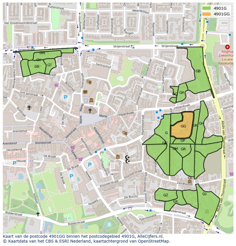 Afbeelding van het postcodegebied 4901 GG op de kaart.