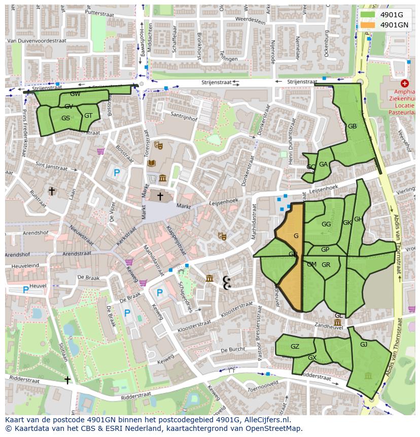 Afbeelding van het postcodegebied 4901 GN op de kaart.