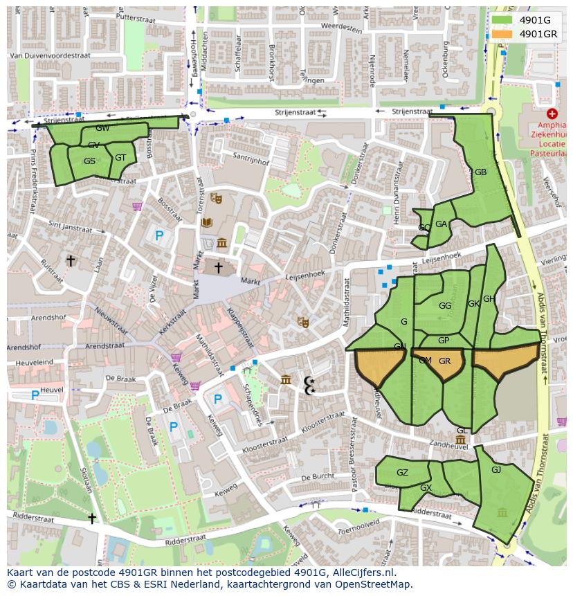 Afbeelding van het postcodegebied 4901 GR op de kaart.