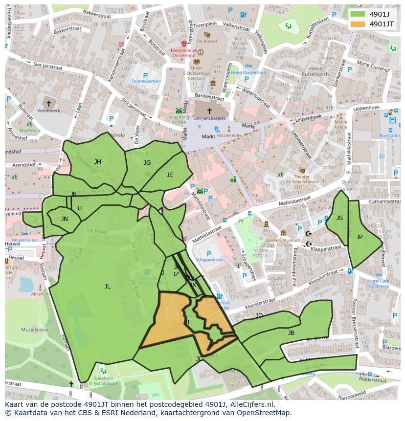 Afbeelding van het postcodegebied 4901 JT op de kaart.
