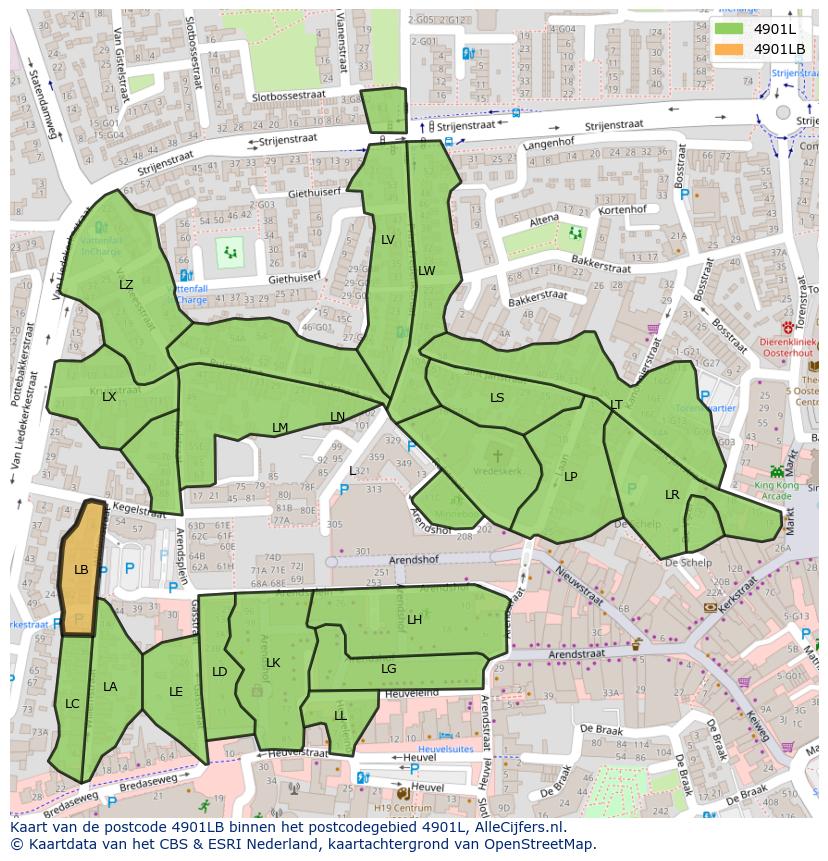 Afbeelding van het postcodegebied 4901 LB op de kaart.