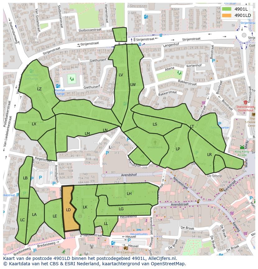 Afbeelding van het postcodegebied 4901 LD op de kaart.