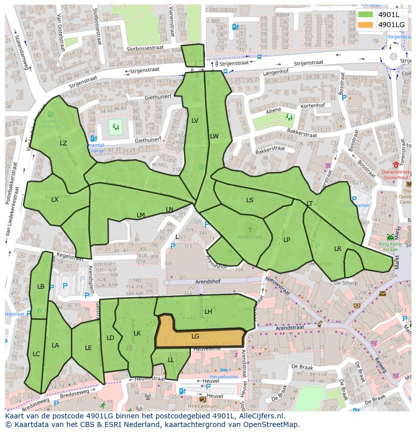 Afbeelding van het postcodegebied 4901 LG op de kaart.