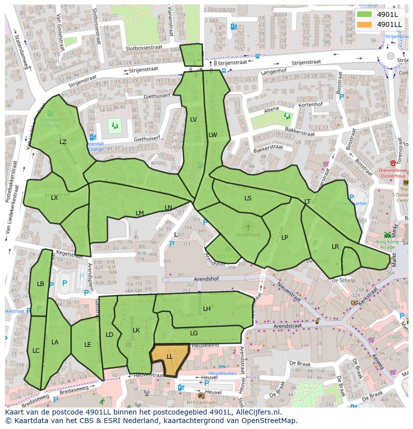 Afbeelding van het postcodegebied 4901 LL op de kaart.