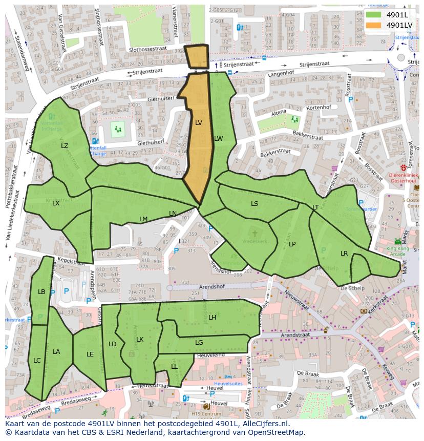 Afbeelding van het postcodegebied 4901 LV op de kaart.