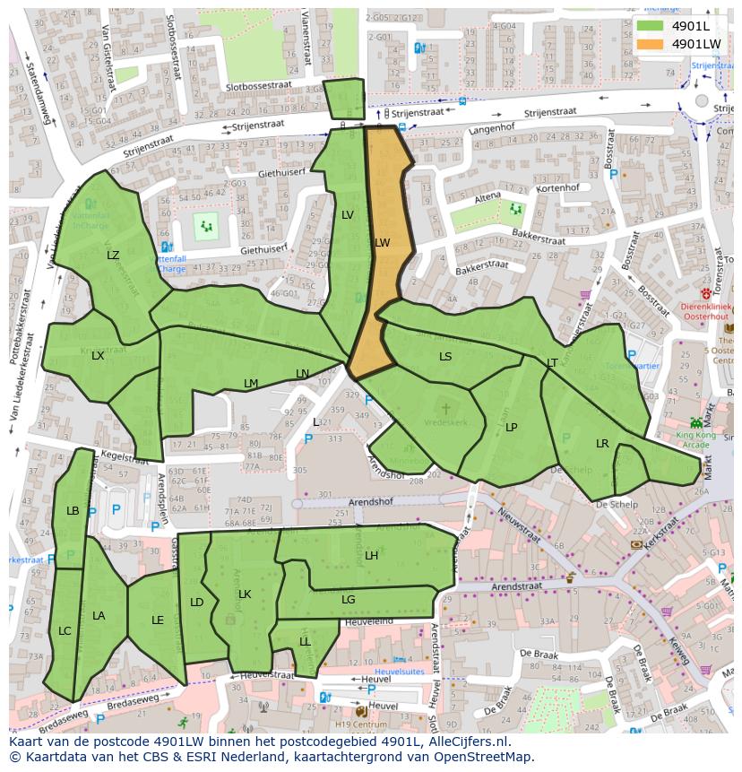 Afbeelding van het postcodegebied 4901 LW op de kaart.