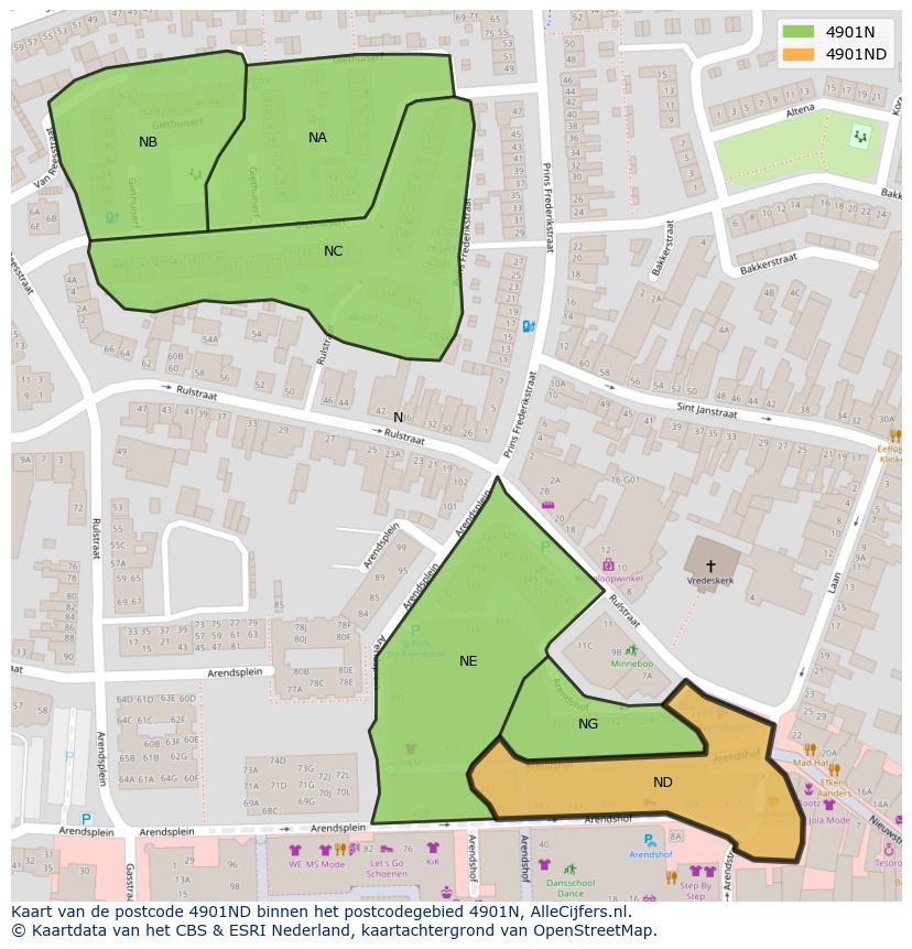 Afbeelding van het postcodegebied 4901 ND op de kaart.