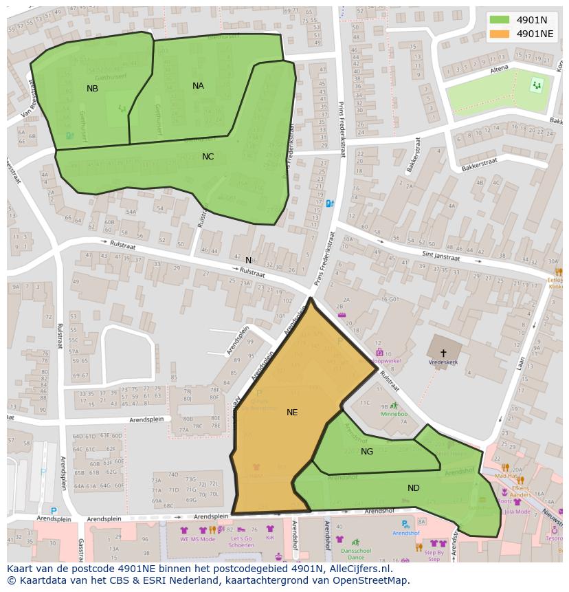 Afbeelding van het postcodegebied 4901 NE op de kaart.