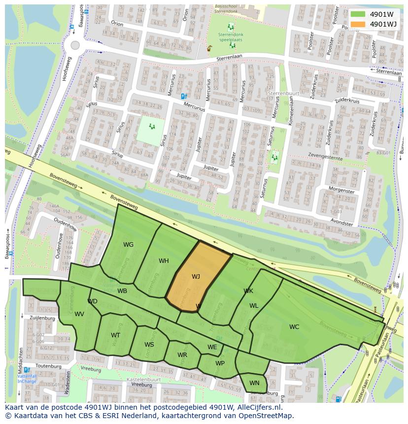 Afbeelding van het postcodegebied 4901 WJ op de kaart.