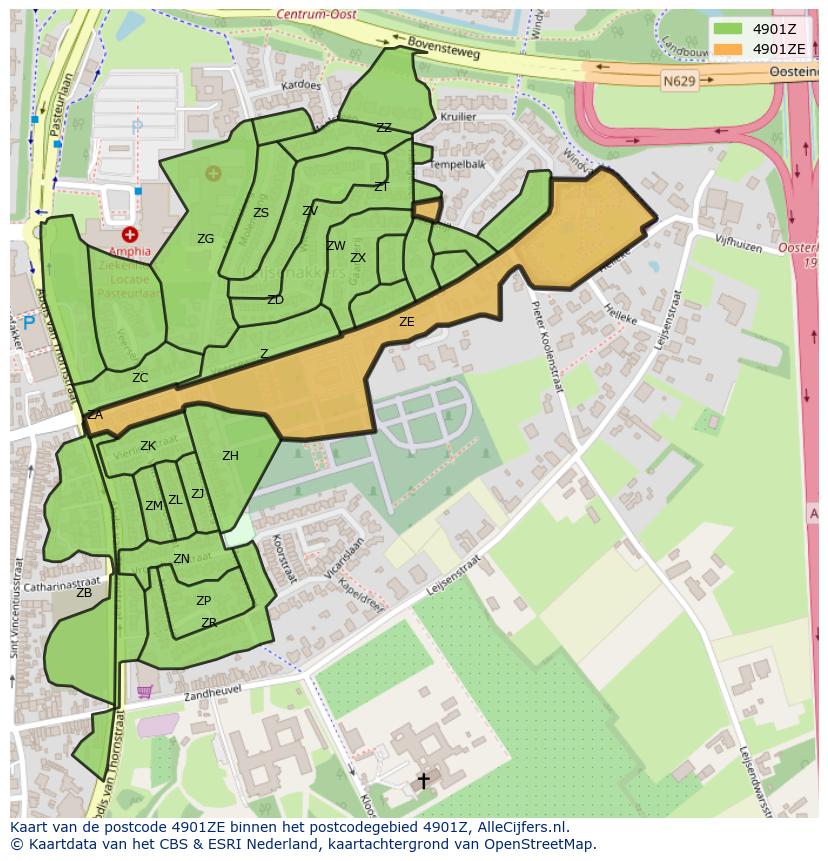 Afbeelding van het postcodegebied 4901 ZE op de kaart.