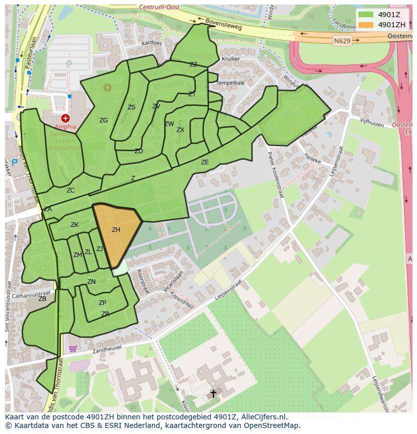 Afbeelding van het postcodegebied 4901 ZH op de kaart.